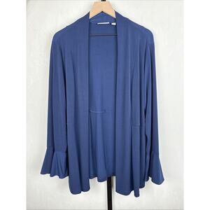 Susan Graver Liquid Knit Open Front Cardigan Women's 1X Navy Blue Ruffle Sleeve